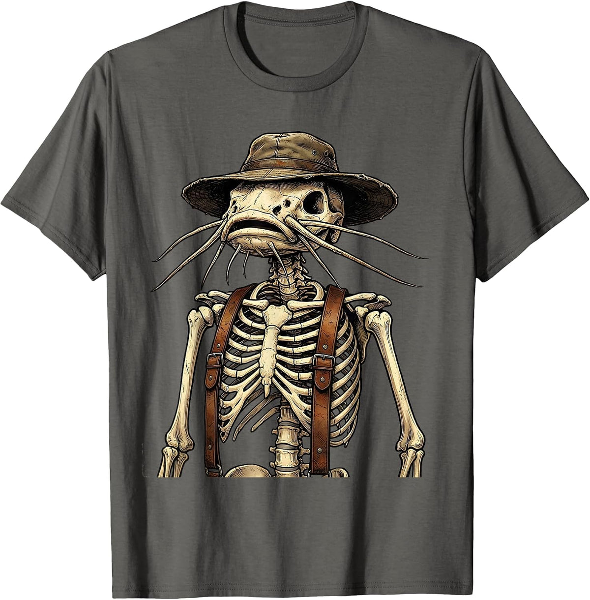 Catfish Skeleton Fisherman Suspenders Graphic T-Shirt - Asphalt Grey