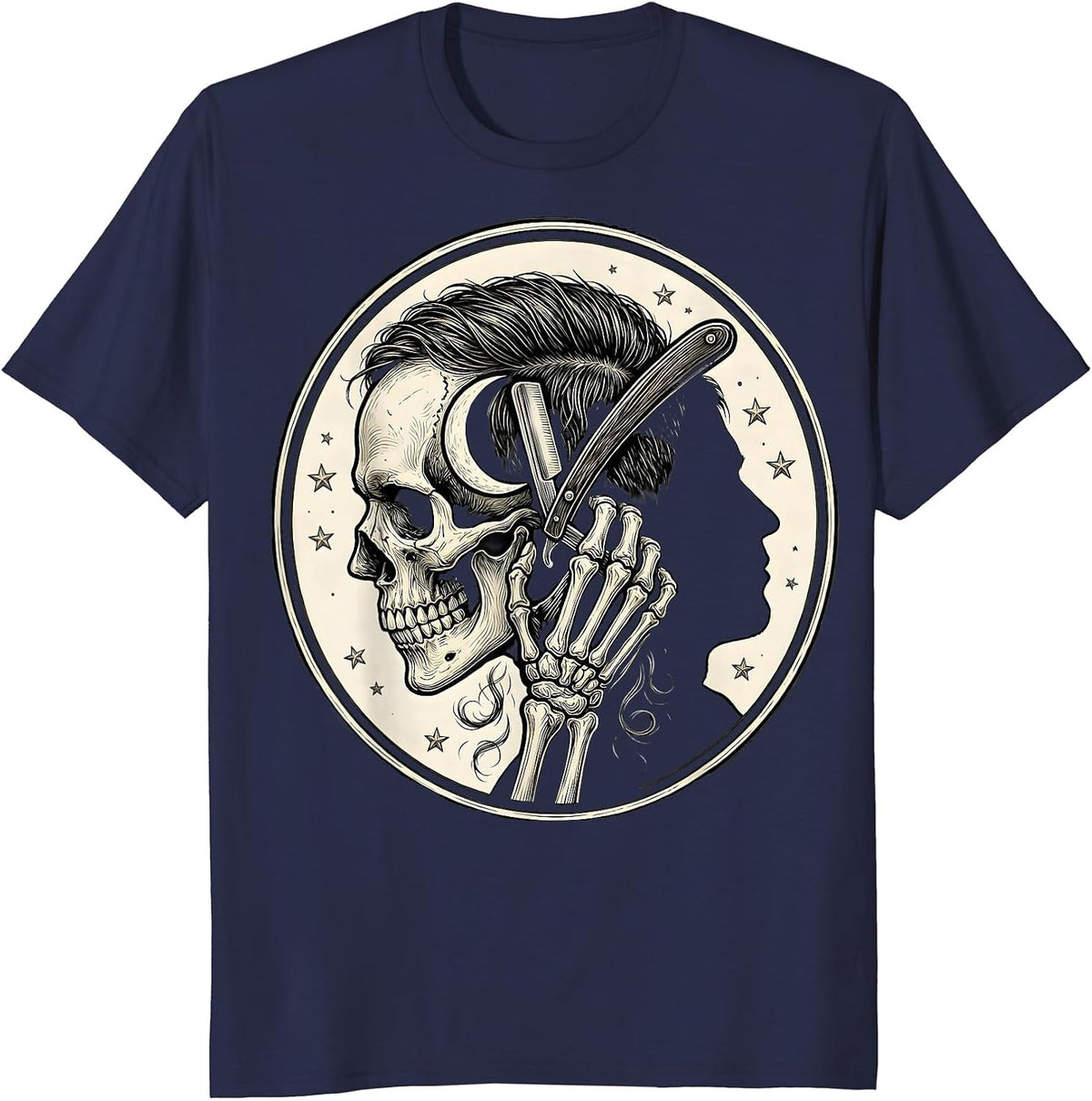 Skeleton Barber Halloween Hairstylist Humor T-Shirt - Navy Blue