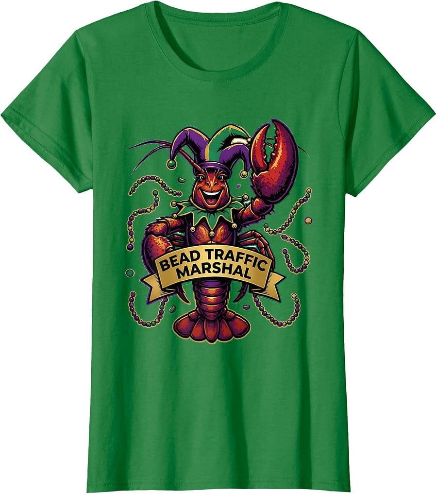 Women's Bead Traffic Marshal Funny Crawfish Jester Mardi Gras Party T-Shirt - Kelly Green