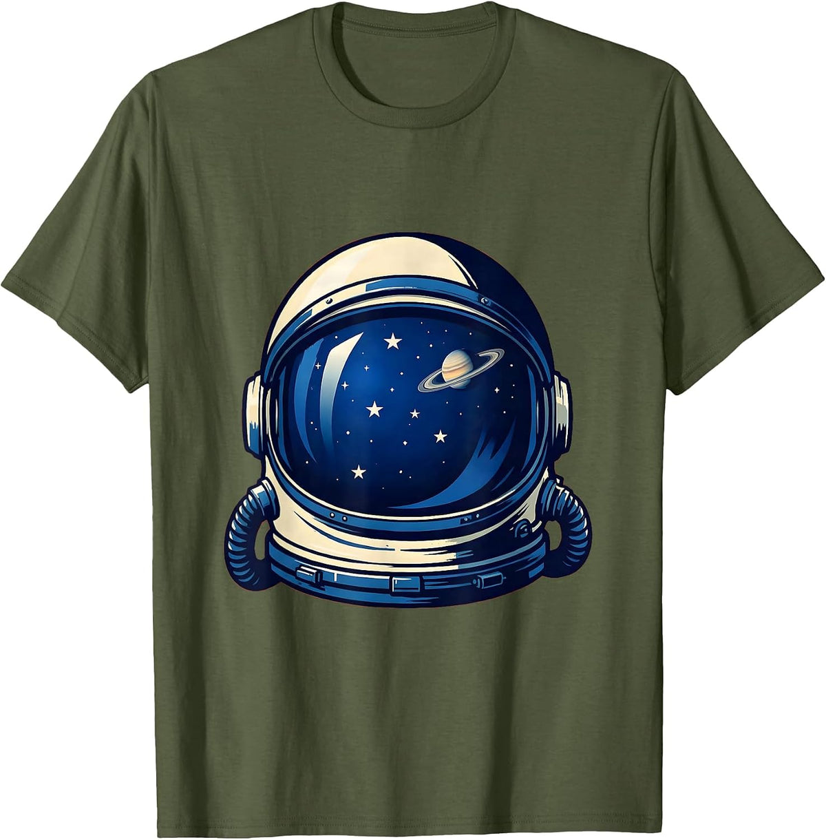Retro Space Helmet Stars Vintage Cosmos Design T-Shirt - Olive Green