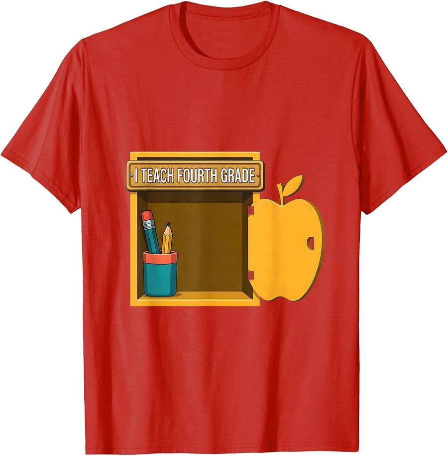 Men's I Teach Fourth Grade Flat Vector Teacher Appreciation Back T-Shirt - Red
