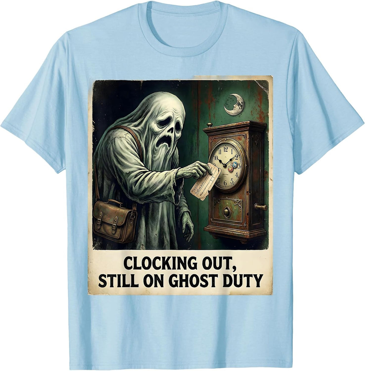 Men's Clocking Out, Still On Ghost Duty Vintage Halloween School T-Shirt - Baby Blue