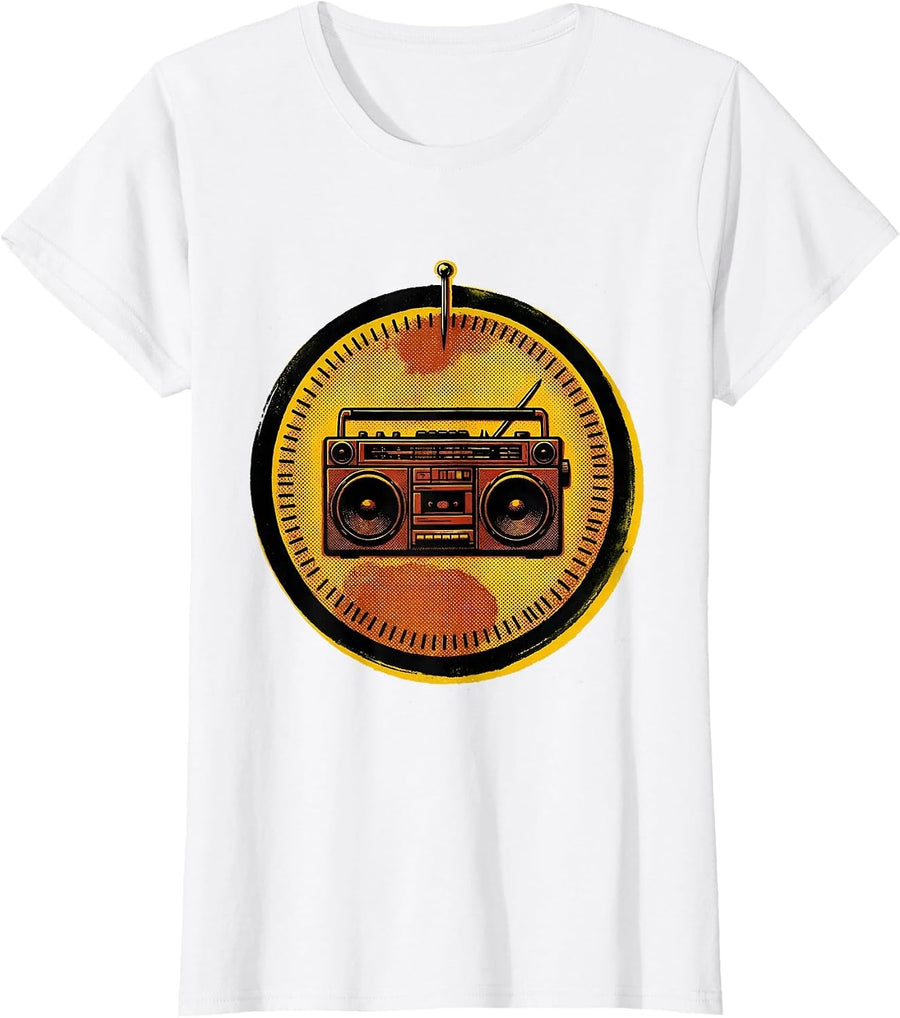 Women's Sealed Badge Boombox Retro Old School Hip Hop T-Shirt - White