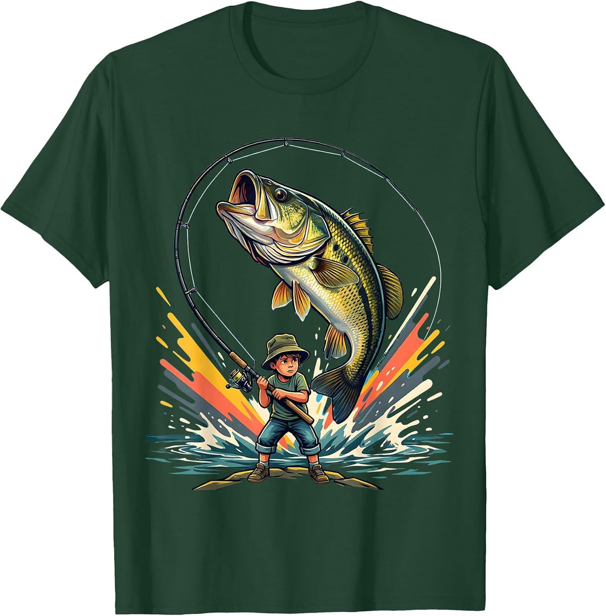 Men's Boys Fishing Young Angler Reeling In Giant Bass T-Shirt - Dark Green