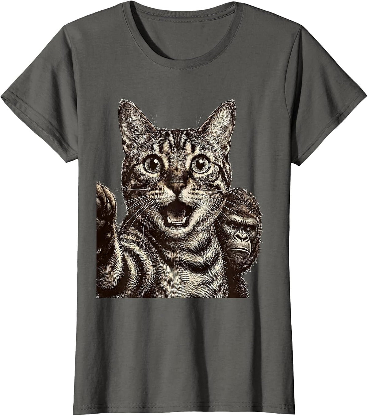 Women's Bengal Cat Bigfoot Crosshatch Etching Funny Meme Humor T-Shirt - Asphalt Grey