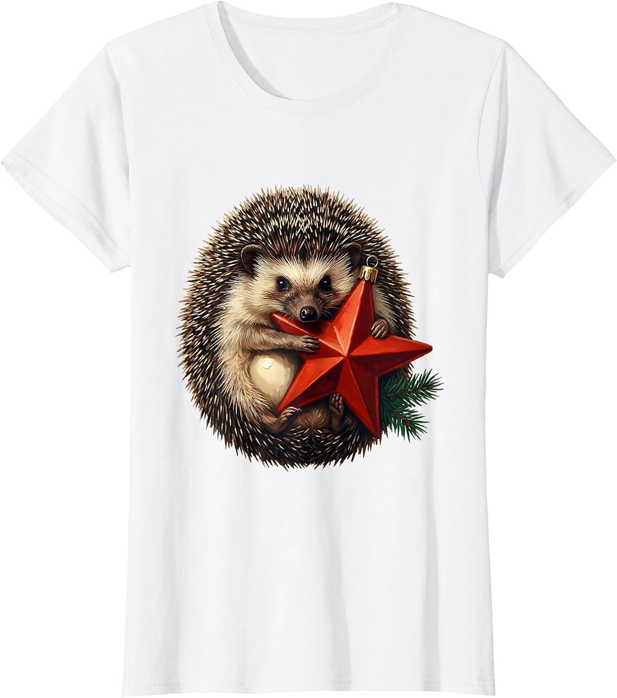 Women's Rounded Hedgehog Hugging Star Cute Christmas Animal Lover T-Shirt - White