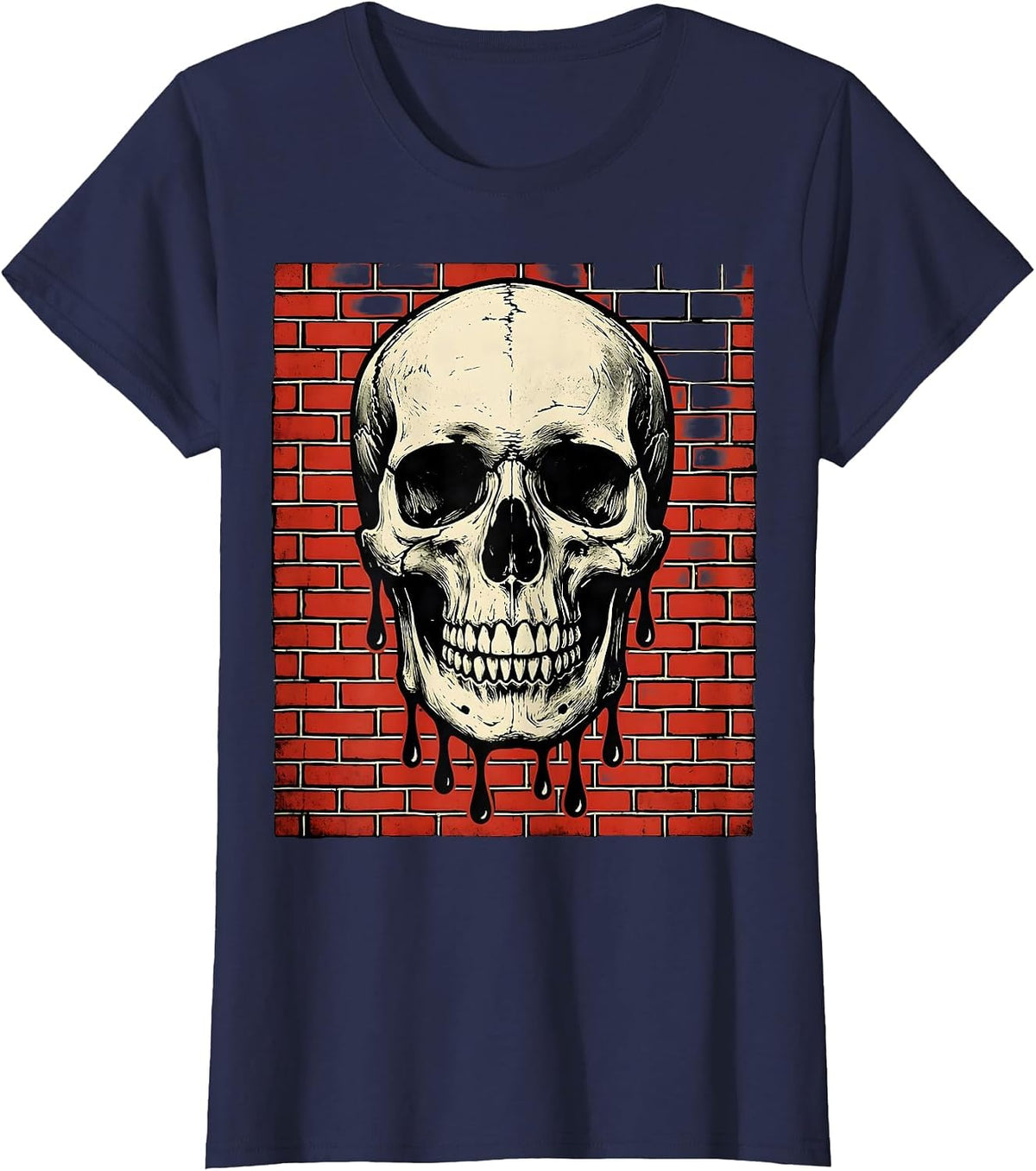 Women's Grunge Dripping Skull on Exposed Brick T-Shirt - Navy Blue