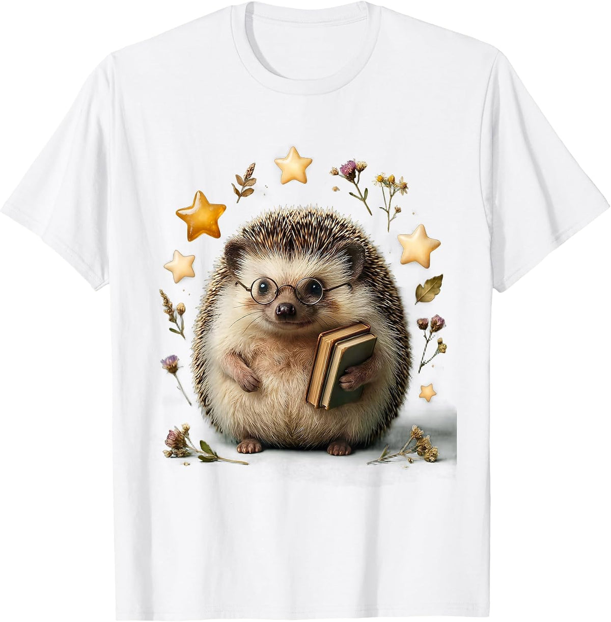 Cute Hedgehog Teacher Gold Stars Illustration T-Shirt - White