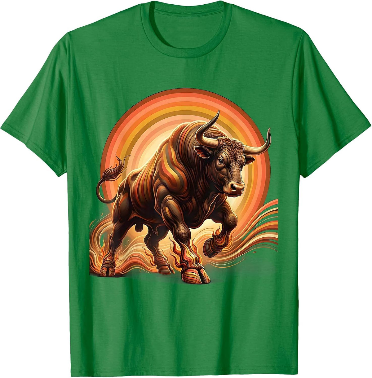 Men's Flaming Bull Rodeo Charging Beast Graphic Tee T-Shirt - Kelly Green