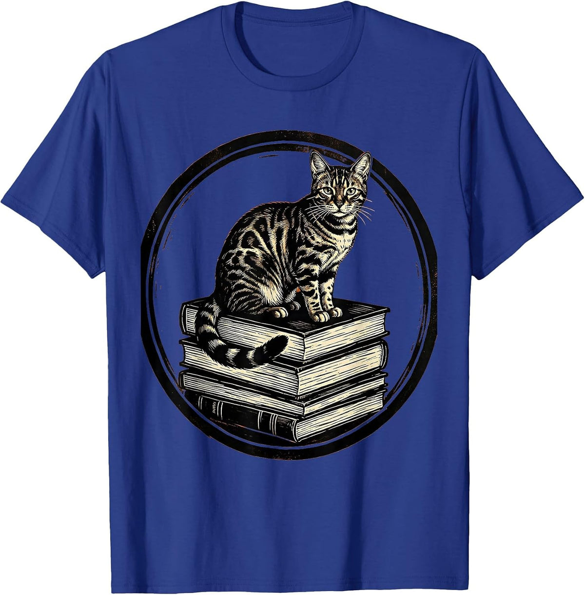 Bengal Cat on Stacked Books Lover Gift T-Shirt - Royal Blue