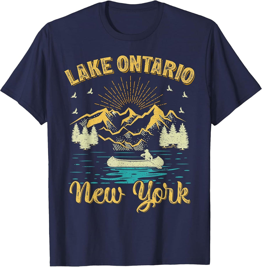 Lake Ontario Shirt Summer Vacation Tee Retro Mountain New York T-Shirt - Navy Blue