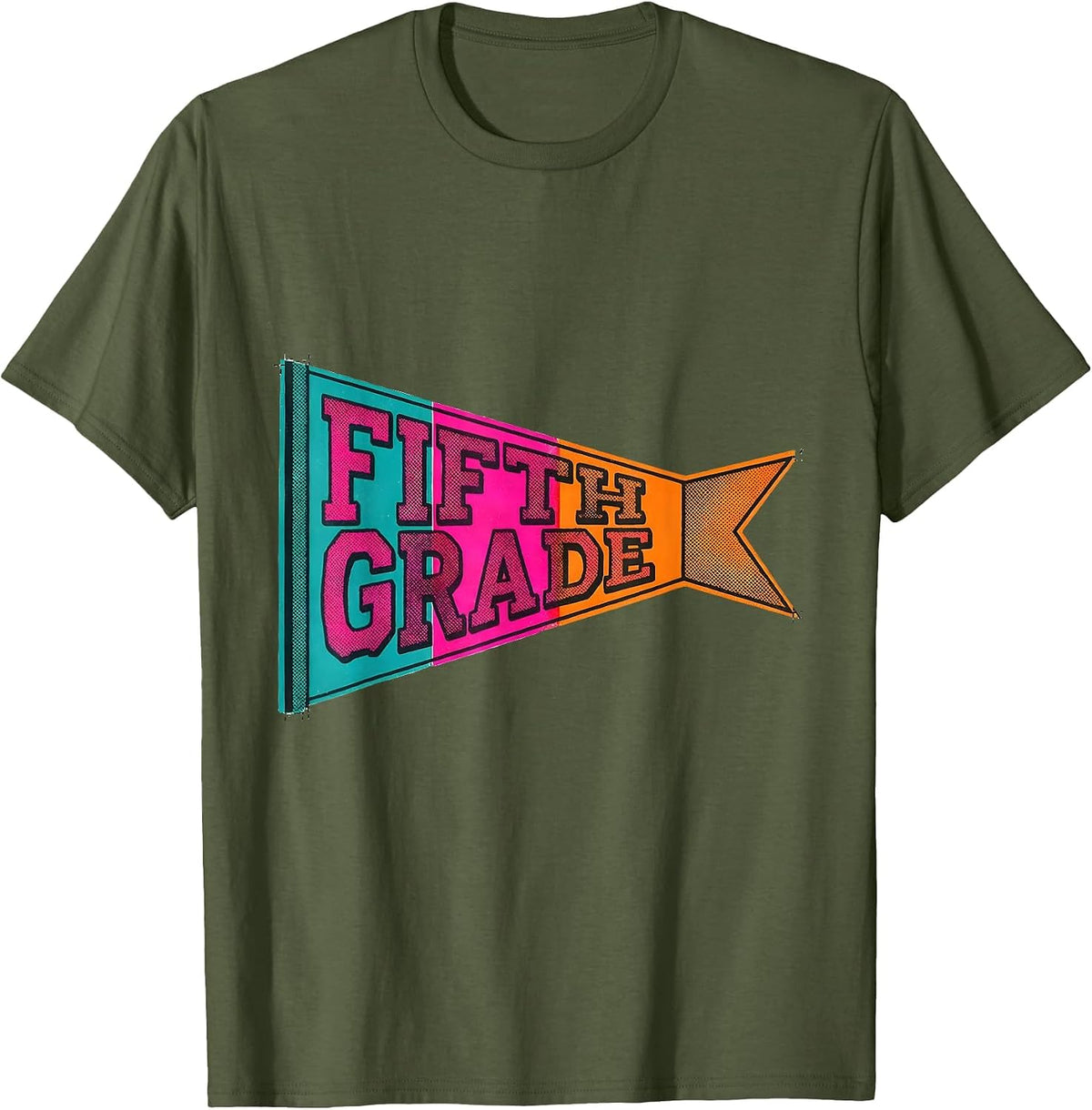 Fifth Grade Risograph Pennant Flag Back to School Girl T-Shirt - Olive Green