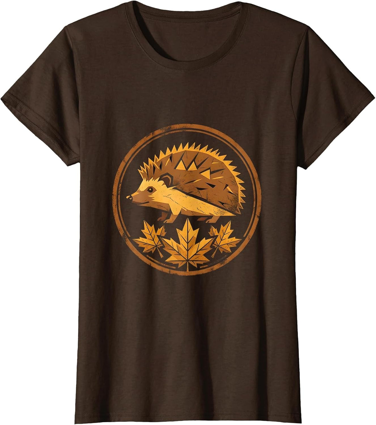 Women's Hedgehog in Autumn Leaves Fall Illustration T-Shirt - Brown