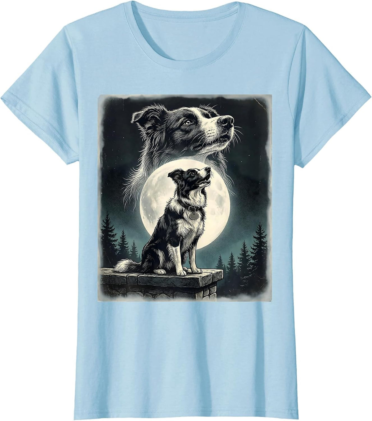 Women's Border Collie Howling to the Moon Vintage Dog Art T-Shirt - Baby Blue