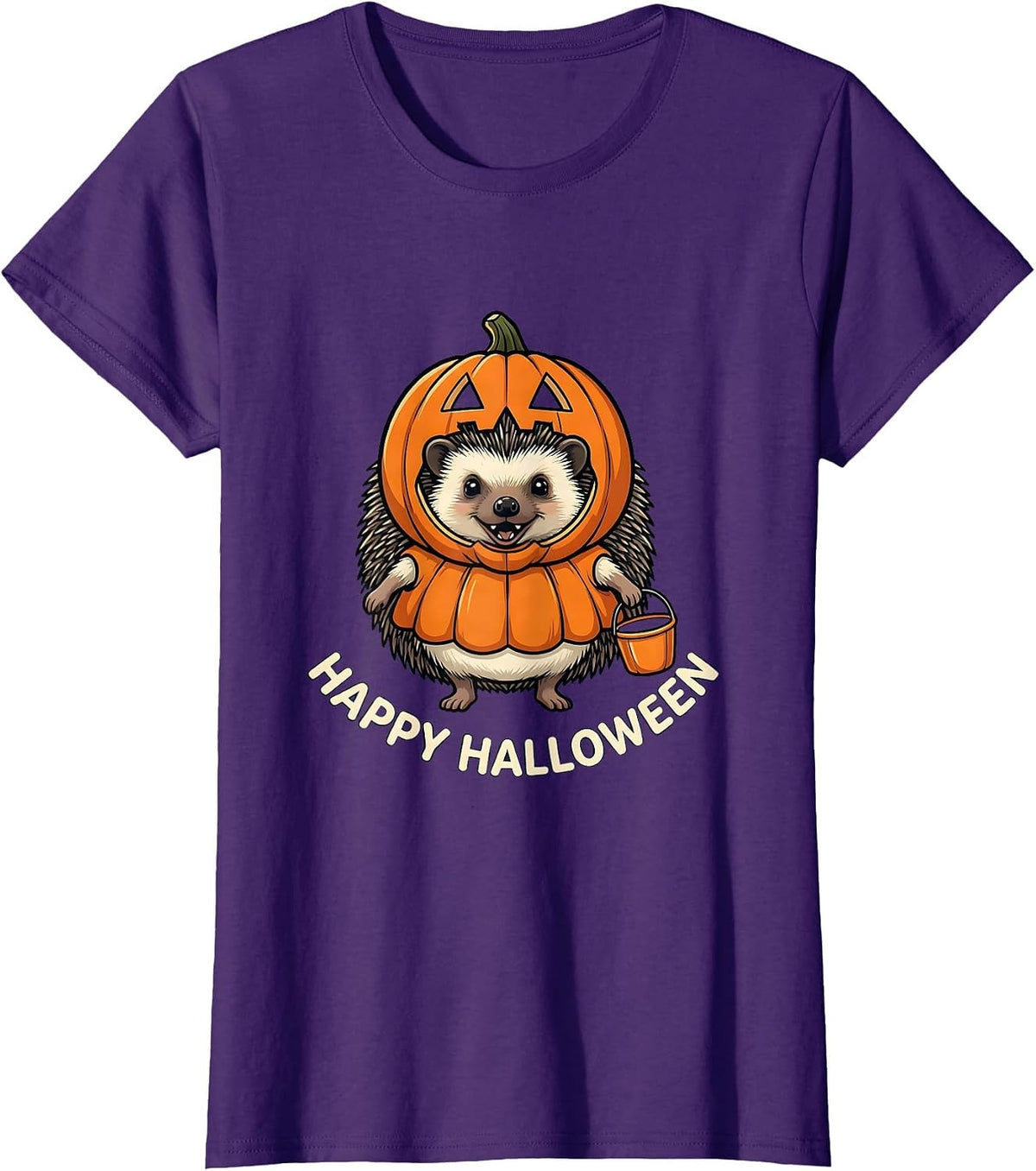 Women's Happy Halloween Cheerful Hedgehog Pumpkin Costume Party Wear T-Shirt - Purple