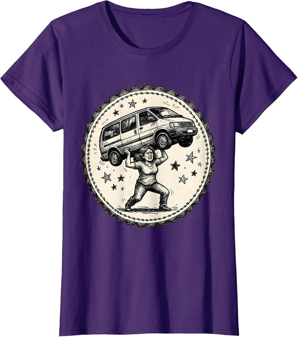 Women's Superhero Mom Lifting Minivan Funny Graphic T-Shirt - Purple