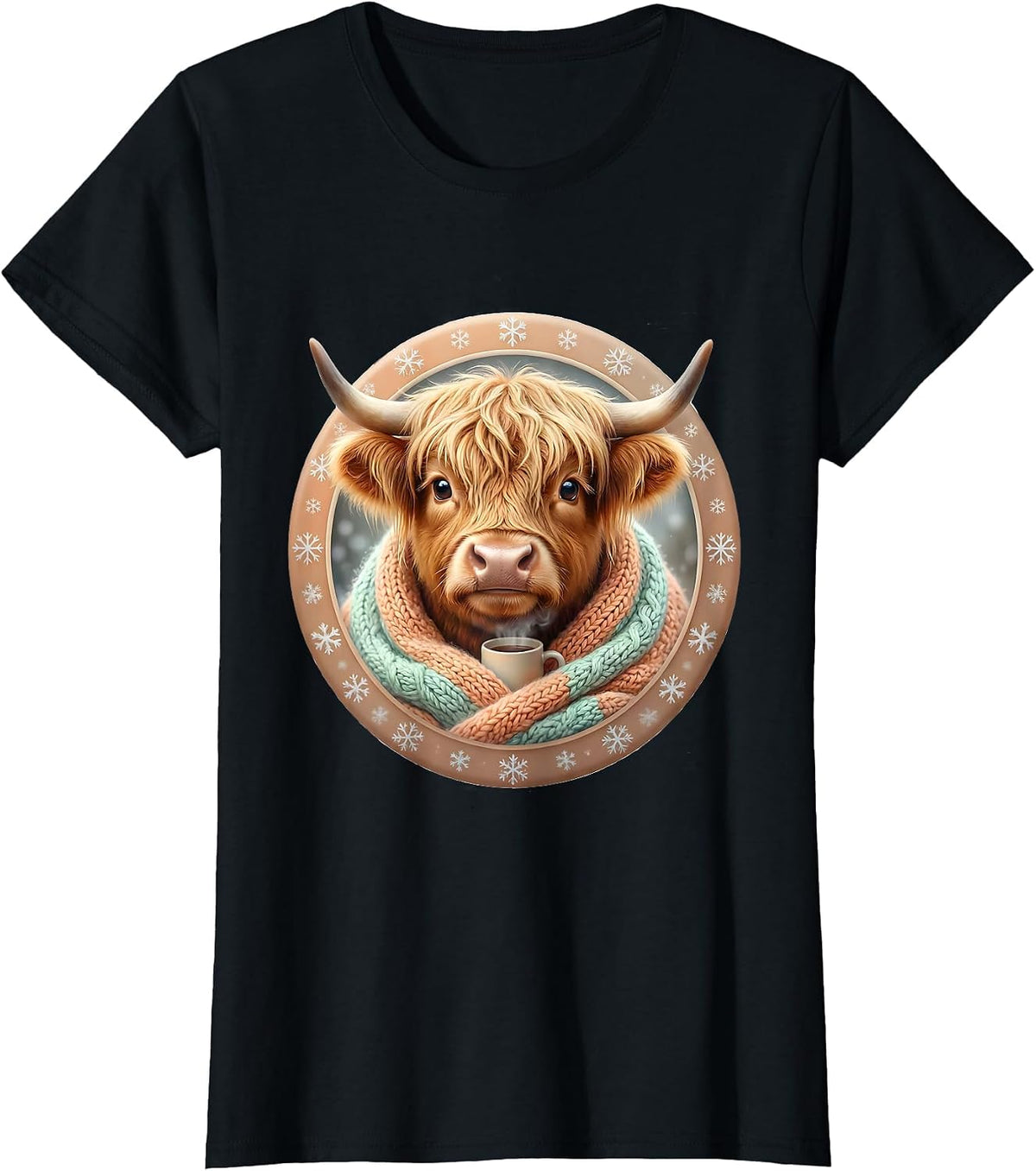 Women's Cute Kawaii Highland Cow Christmas Cozy Gift T-Shirt - Black