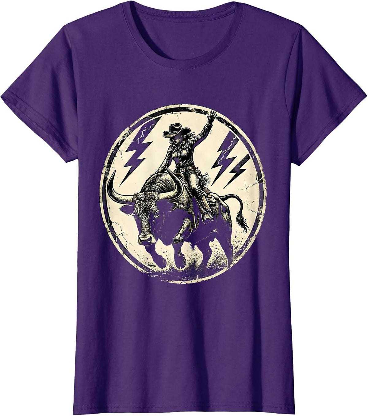 Women's Cowgirl Riding Bull Through Lightning Storm T-Shirt - Purple