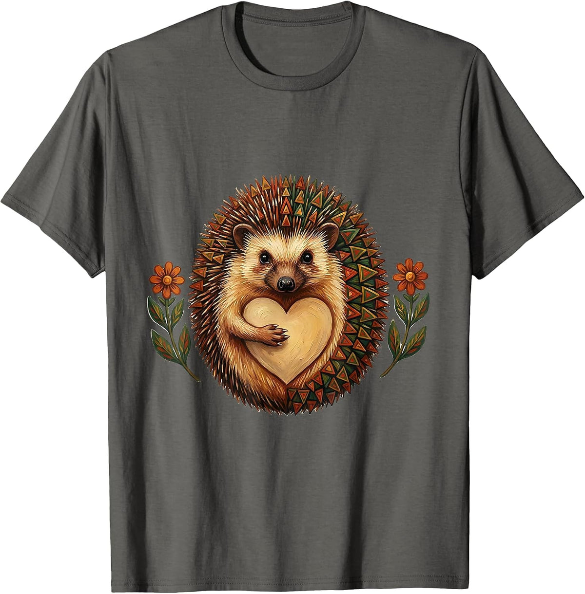 Folk Art Hedgehog Animal Lover Gift T-Shirt - Asphalt Grey