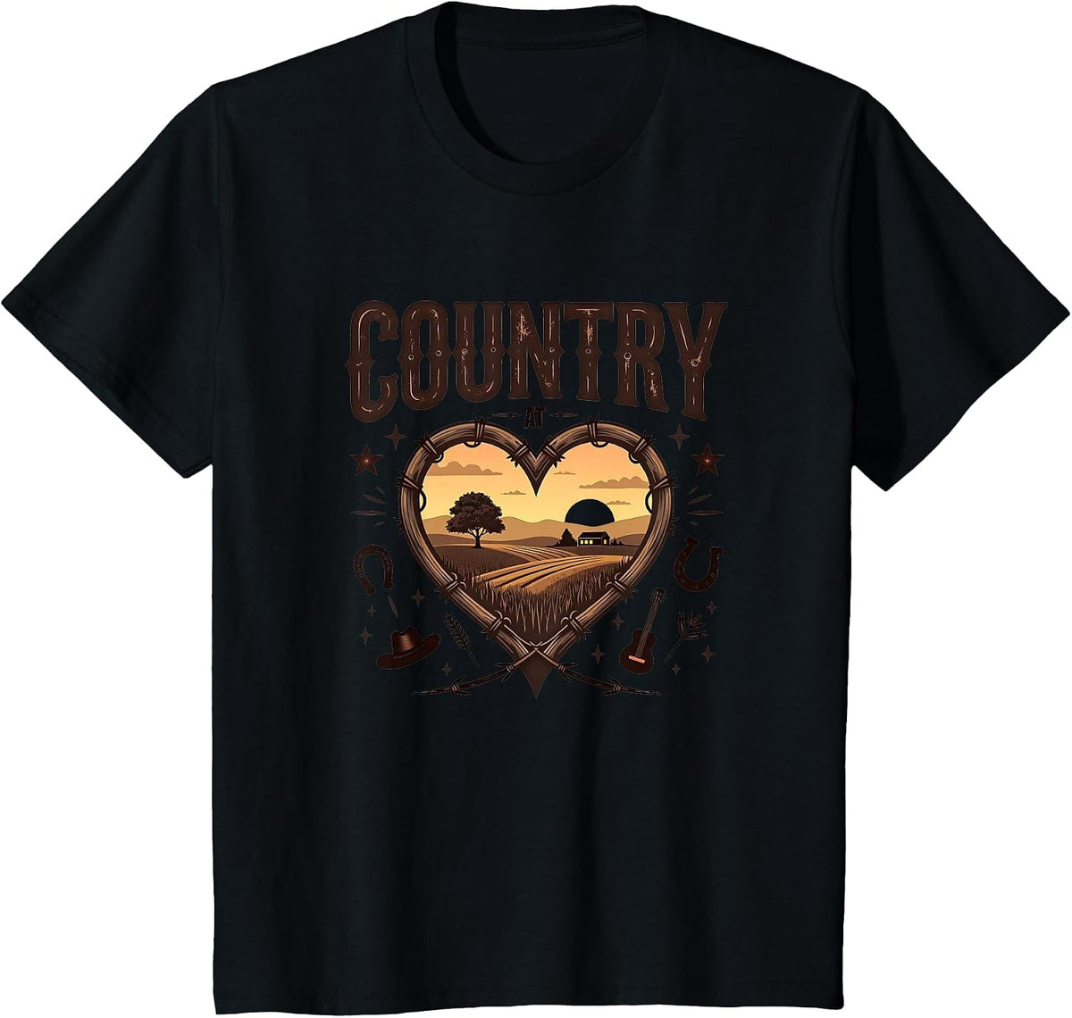 Country at Heart Rustic Farm Sunset Cowboy Western T-Shirt - Black