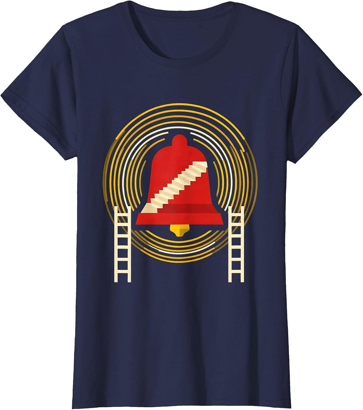 Women's Geometric Fire Bell Firefighter Badge Humor T-Shirt - Navy Blue