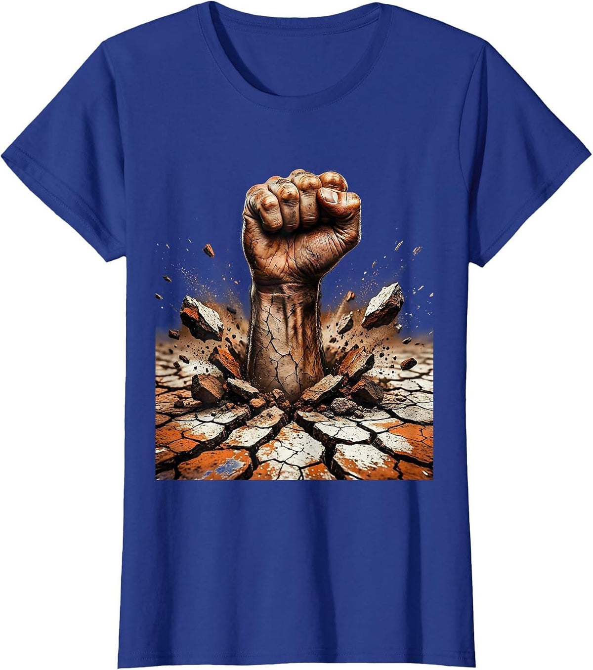 Women's Hand Bursting Through Cracked Earth Graphic T-Shirt - Royal Blue