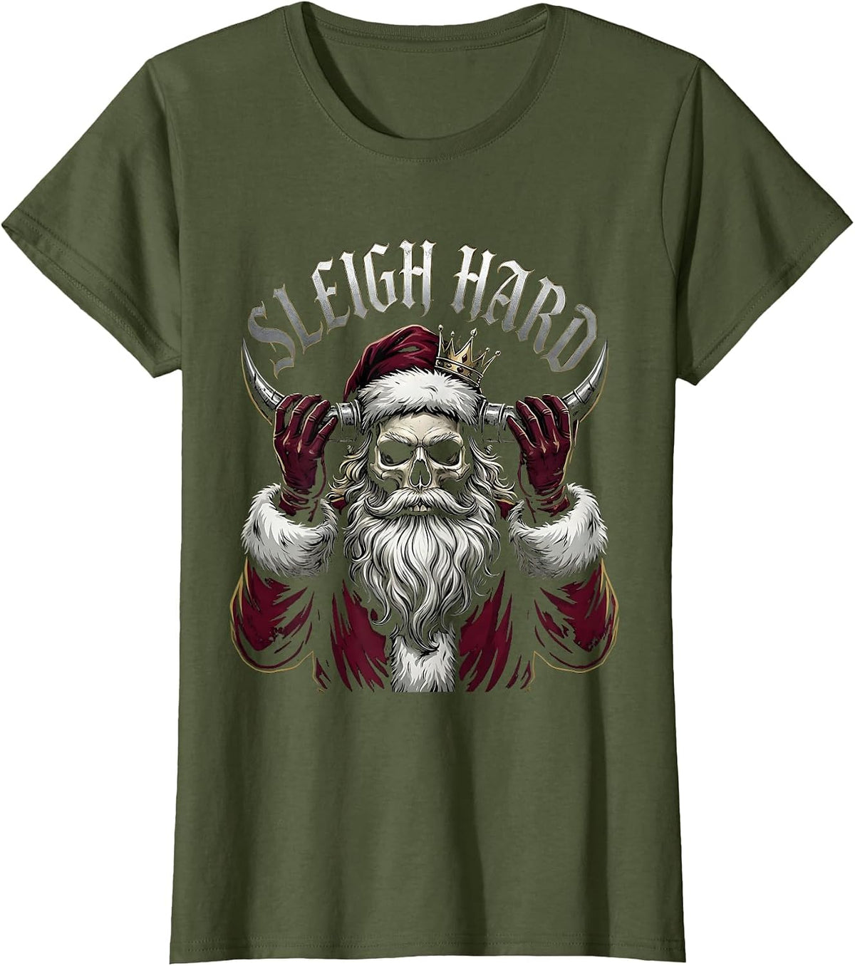 Women's Sleigh Hard Gothic Heavy Metal Santa Claus Christmas Humor T-Shirt - Olive Green