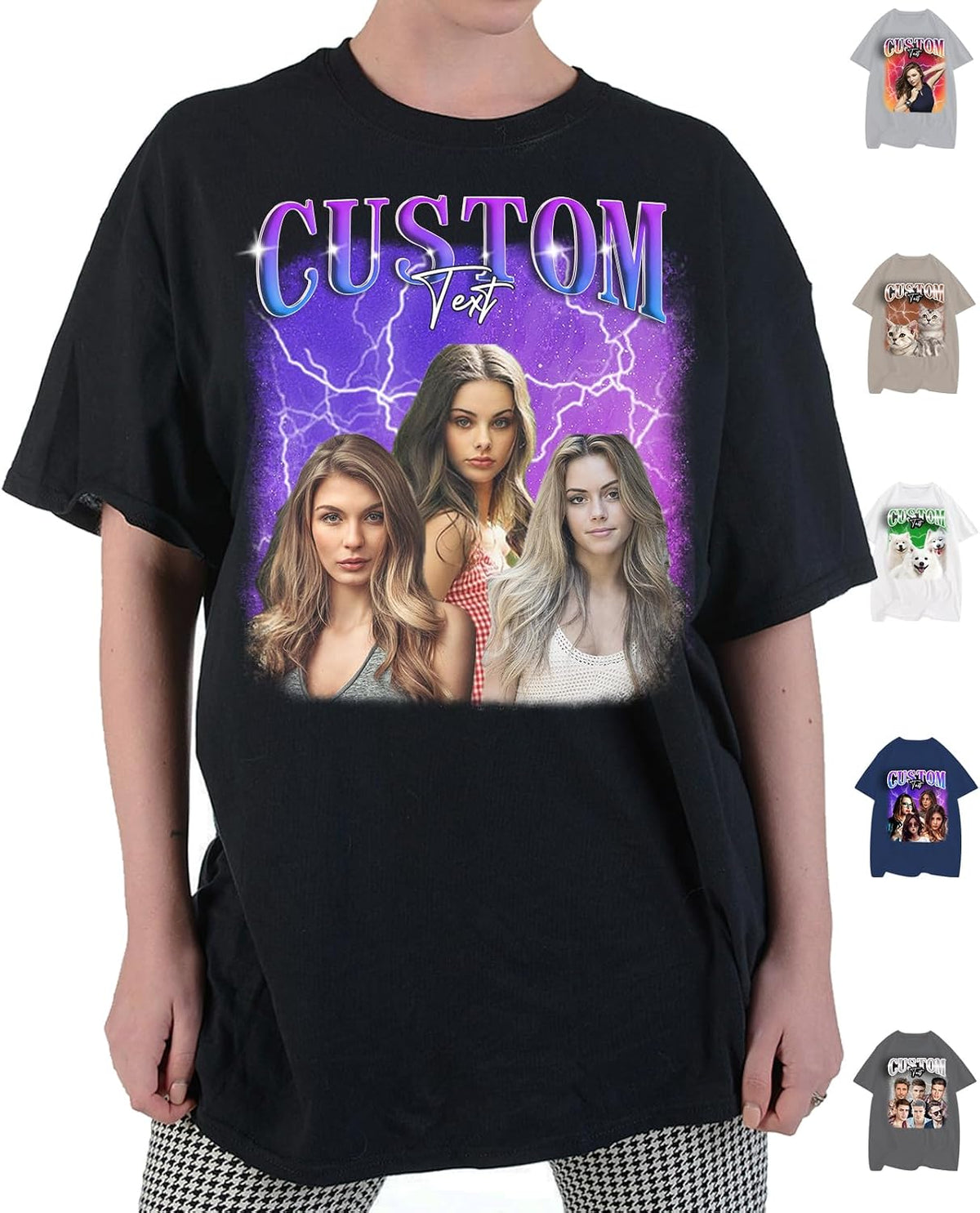 Custom Bootleg Rap Shirt Personalized Your Own Picture Text Vintage Graphic Tees Gift for Him Her Black - As Pictured
