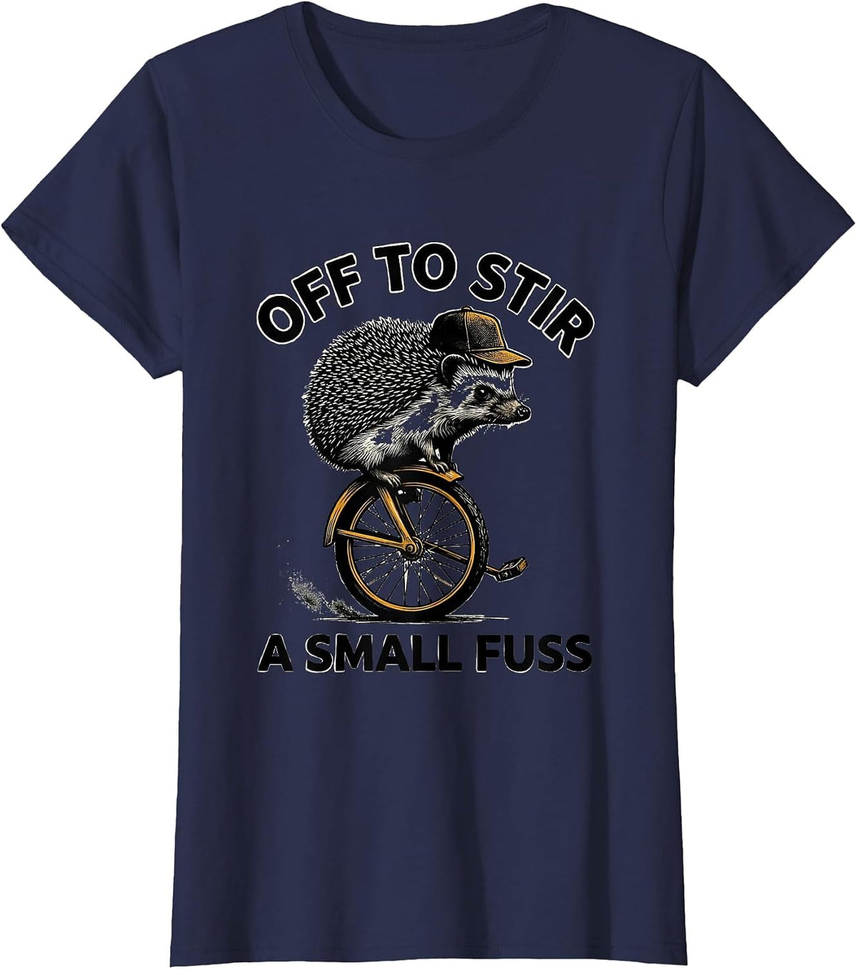 Women's Off To Stir A Small Fuss Scratchboard Hedgehog Whimsical T-Shirt - Navy Blue