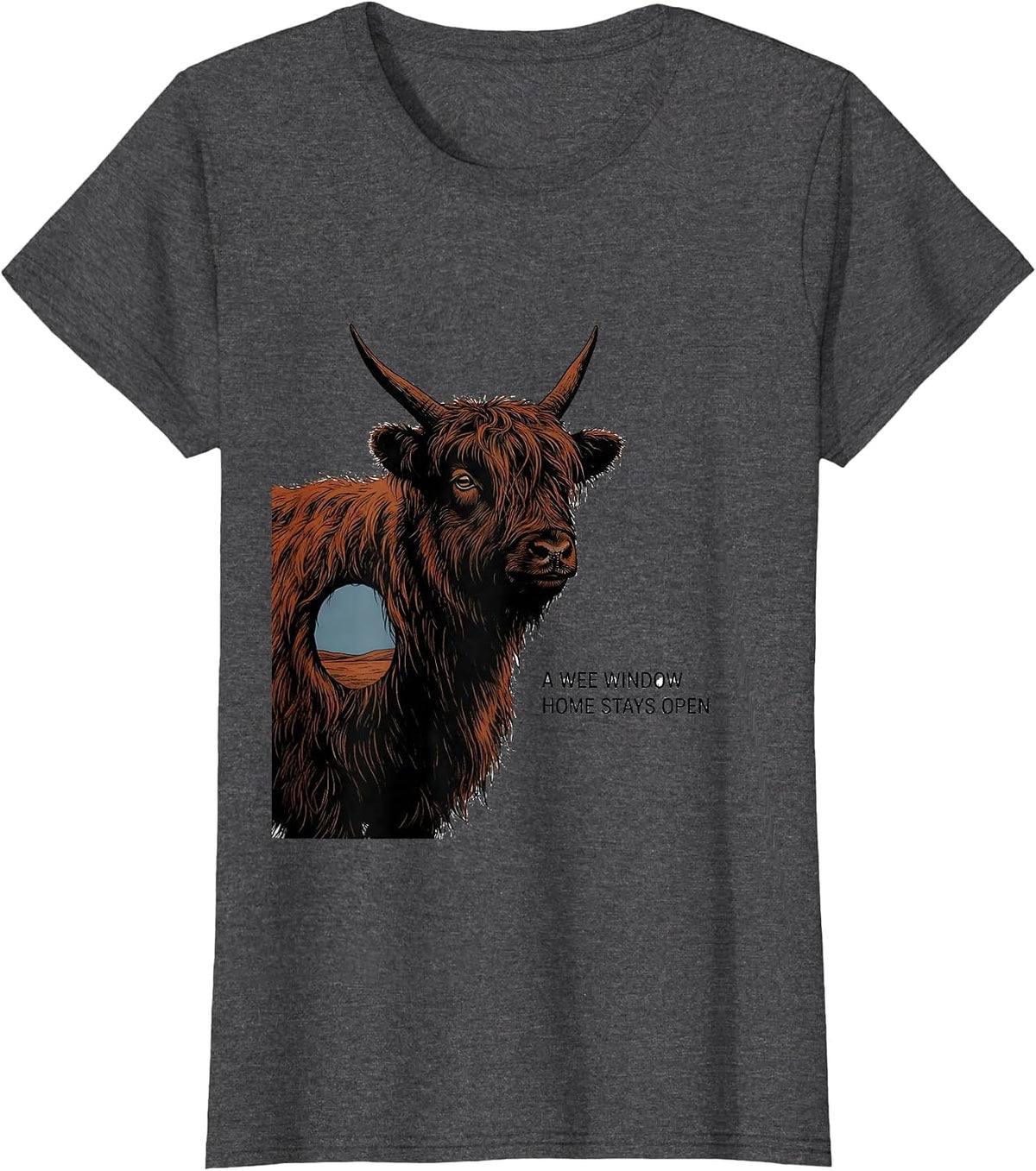 Women's A Wee Window Home Stays Open Cute Highland Cow Scottish T-Shirt - Dark Heather Grey