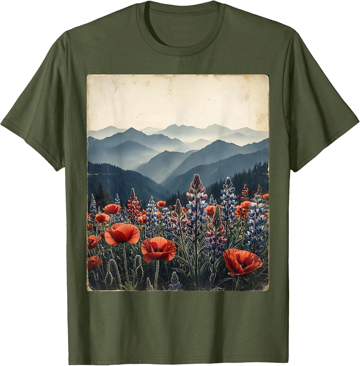 Blue Mountains Red Wildflowers Scenic Nature Design T-Shirt - Olive Green