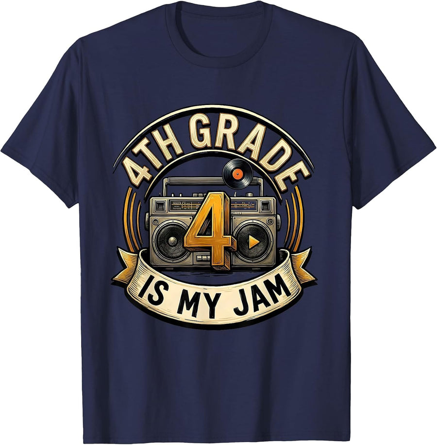 4th Grade Is My Jam Retro Teacher Student Back to School T-Shirt - Navy Blue