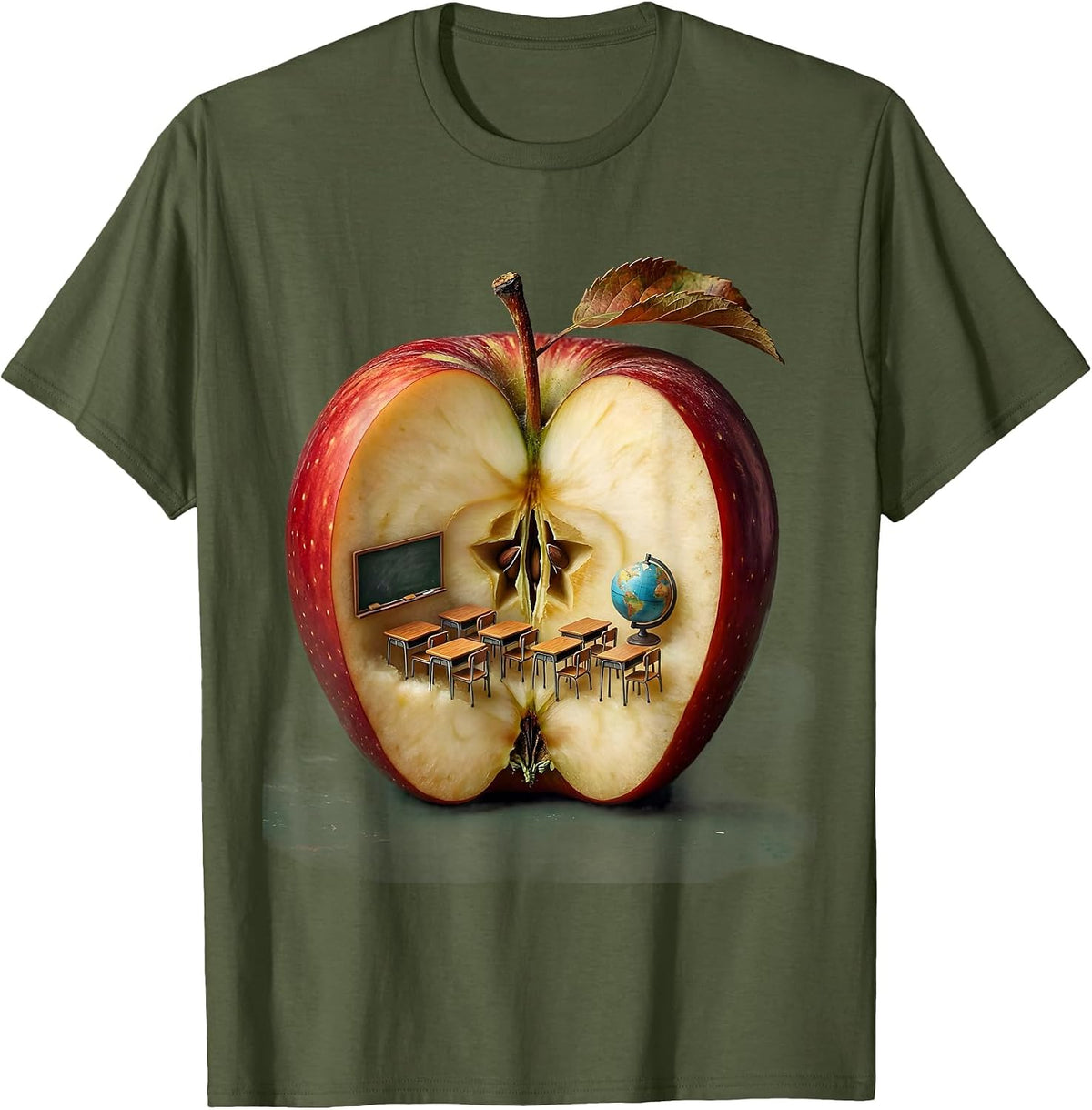 Elementary Teacher Apple Classroom Illustration T-Shirt - Olive Green