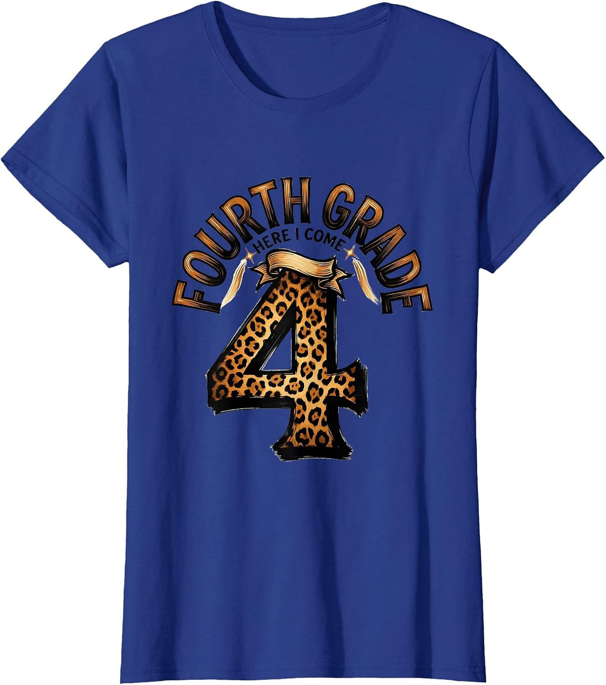 Women's Fourth Grade Here I Come Leopard Print Teacher Back T-Shirt - Royal Blue