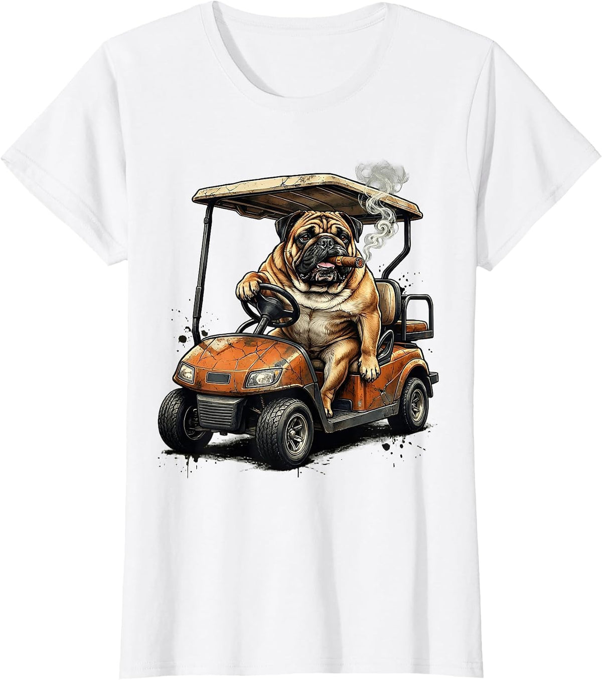 Cigar Bulldog Golf Cart Funny Golf Illustration T-Shirt - White