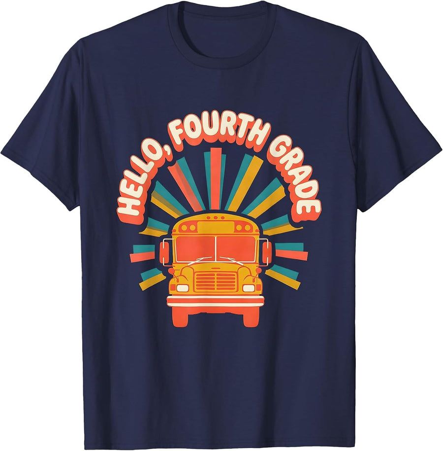 Hello, Fourth Grade Retro Groovy Back To School Teacher T-Shirt - Navy Blue