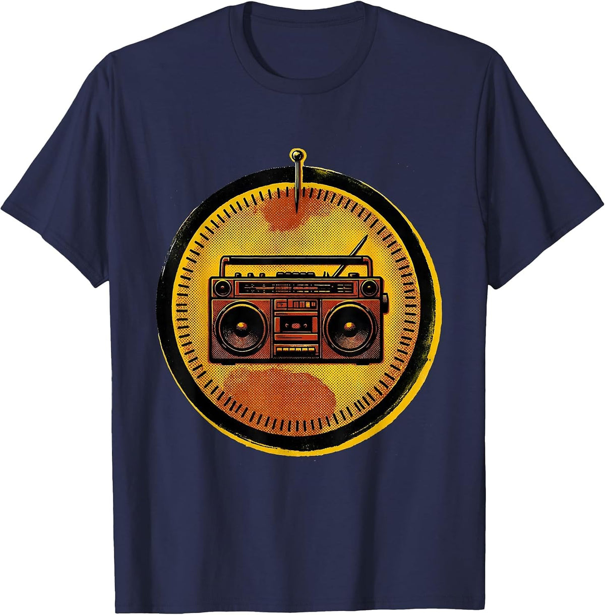 Men's Sealed Badge Boombox Retro Old School Hip Hop T-Shirt - Navy Blue