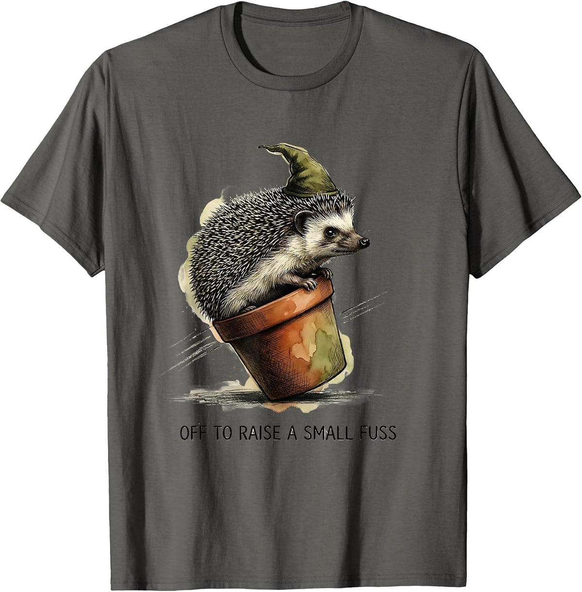 Off To Raise A Small Fuss Watercolor Hedgehog Whimsical T-Shirt - Asphalt Grey