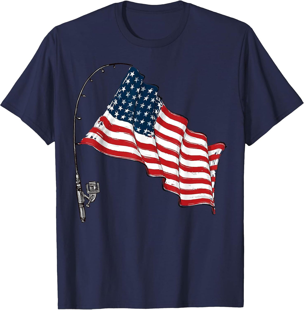 Vintage American Flag Fishing Rod Fishing Lover Fisherman T-Shirt - Navy Blue