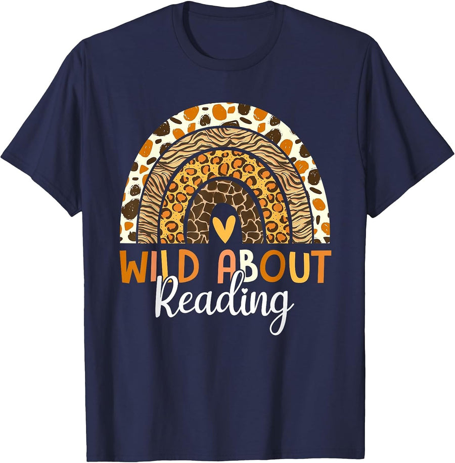 Wild About Reading Teacher Back to School Leopard Rainbow T-Shirt - Navy Blue