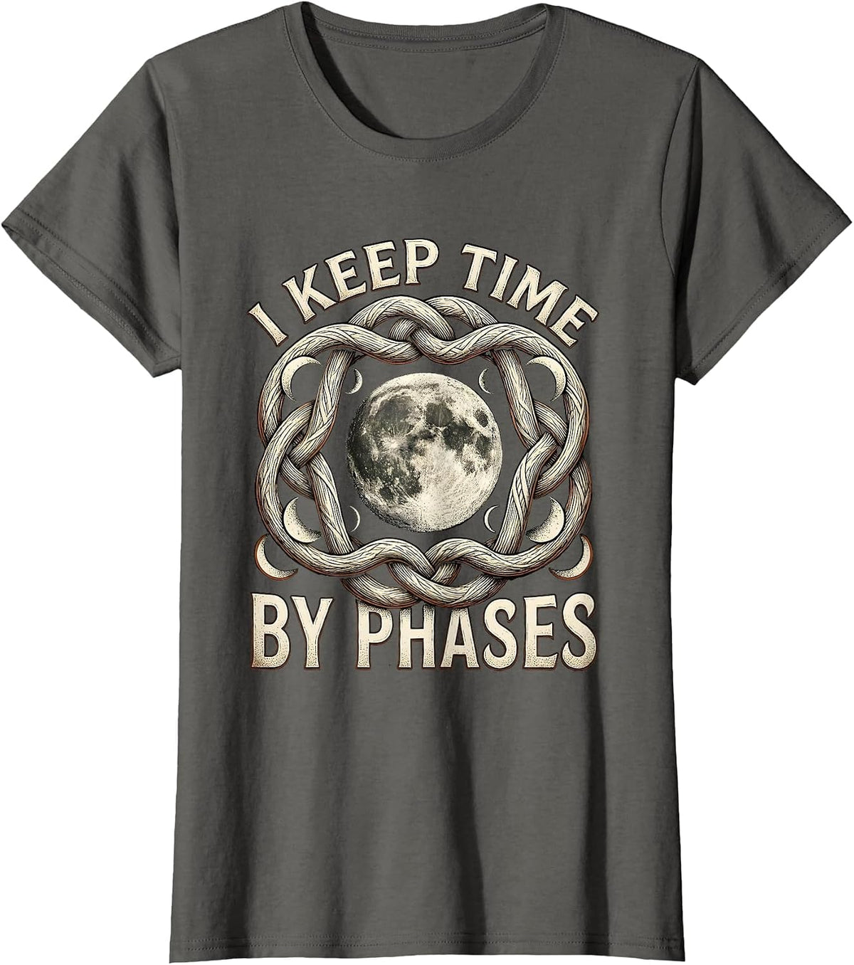 Women's I Keep Time By Phases Celestial Astronomy Boho Moon Phase T-Shirt - Asphalt Grey