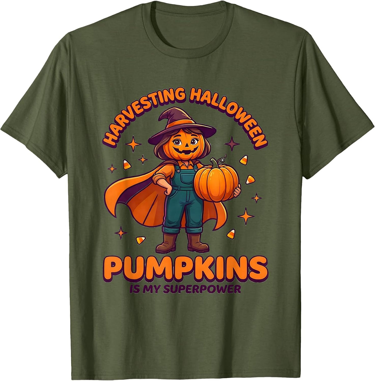Men's HARVESTING HALLOWEEN PUMPKINS IS MY SUPERPOWER Farmer T-Shirt - Olive Green