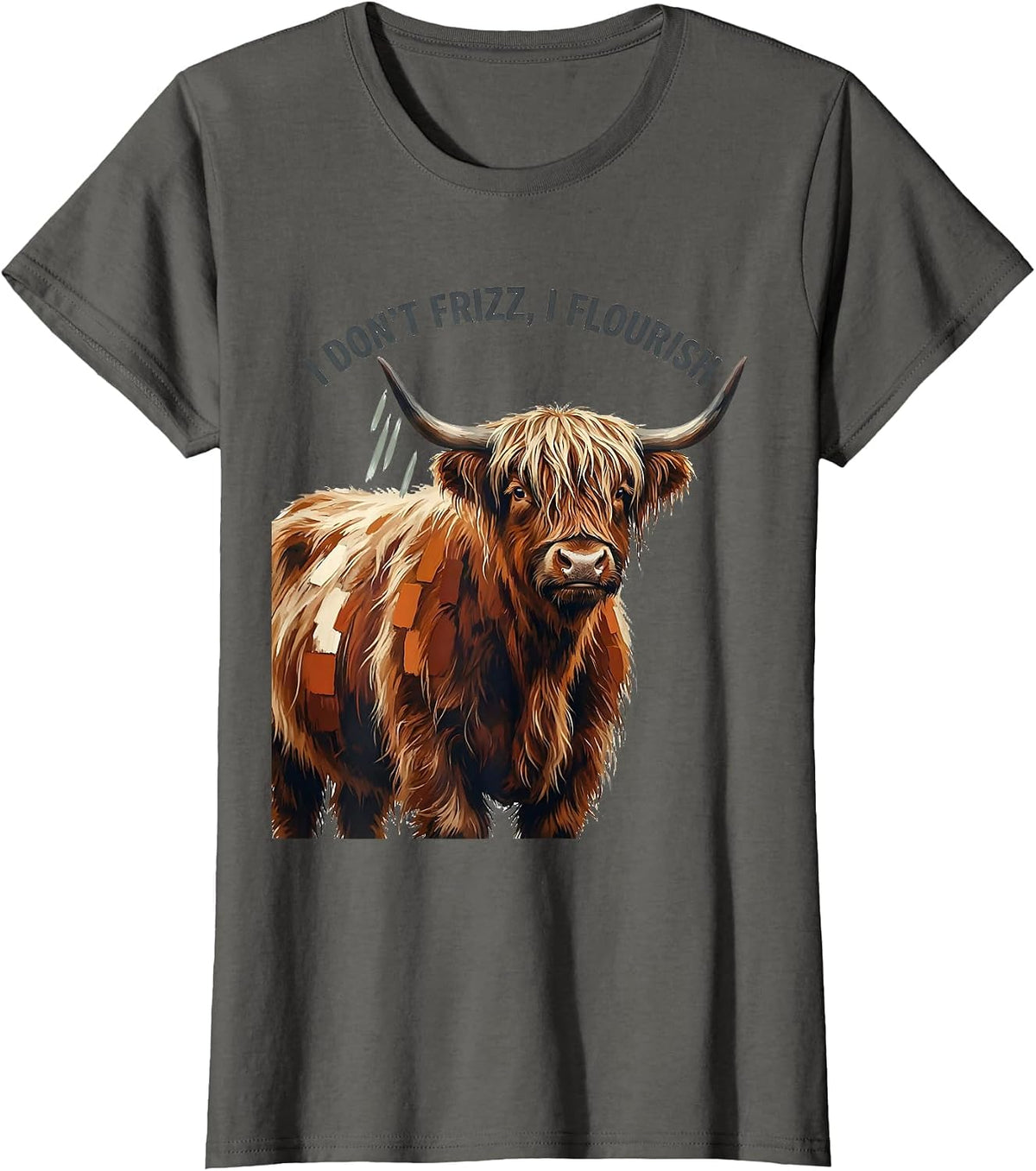 Women's I Don't Frizz I Flourish Cute Highland Cow Scottish Humor T-Shirt - Asphalt Grey