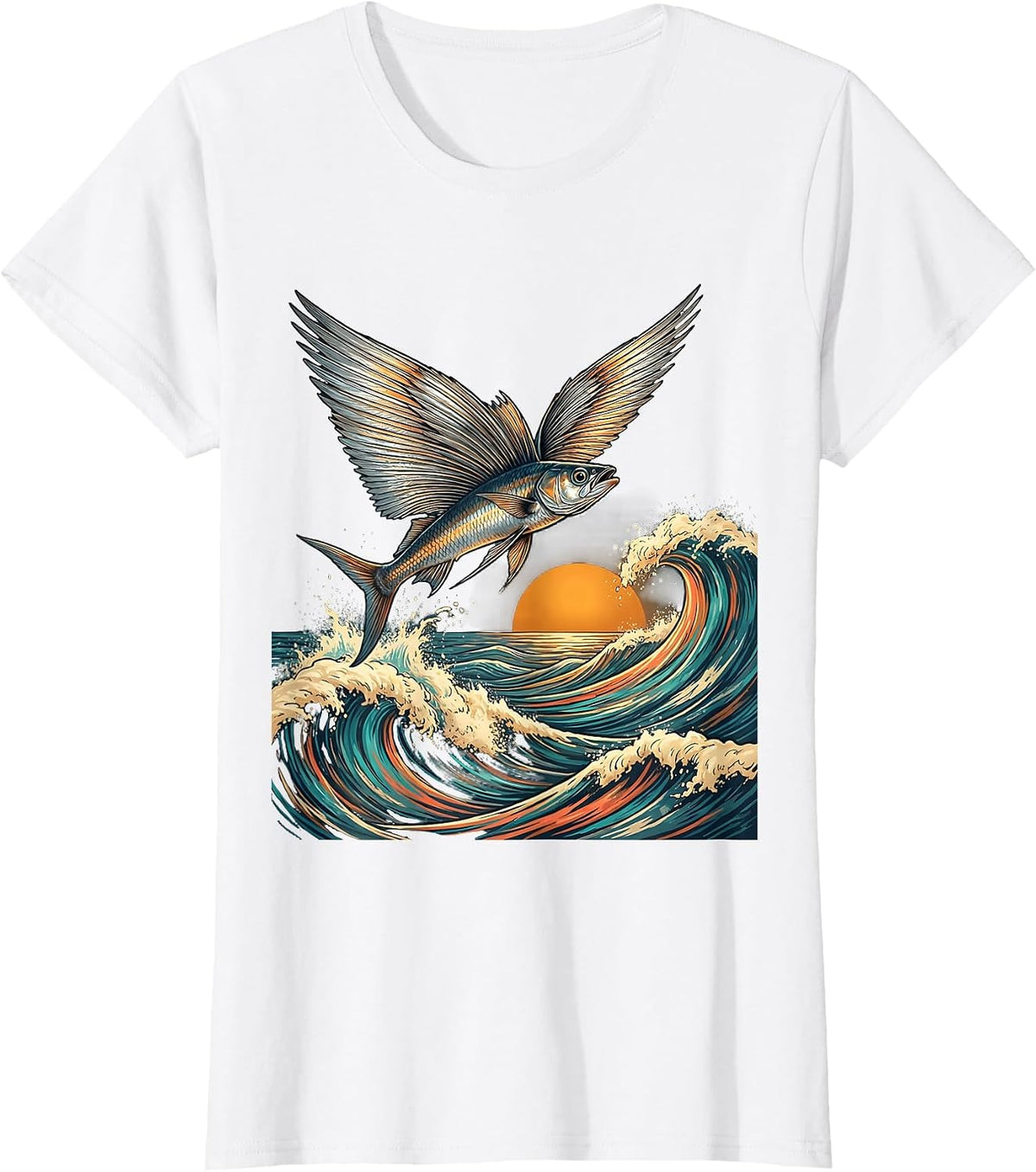 Flying Fish Tropical Ocean Waves Graphic T-Shirt - White