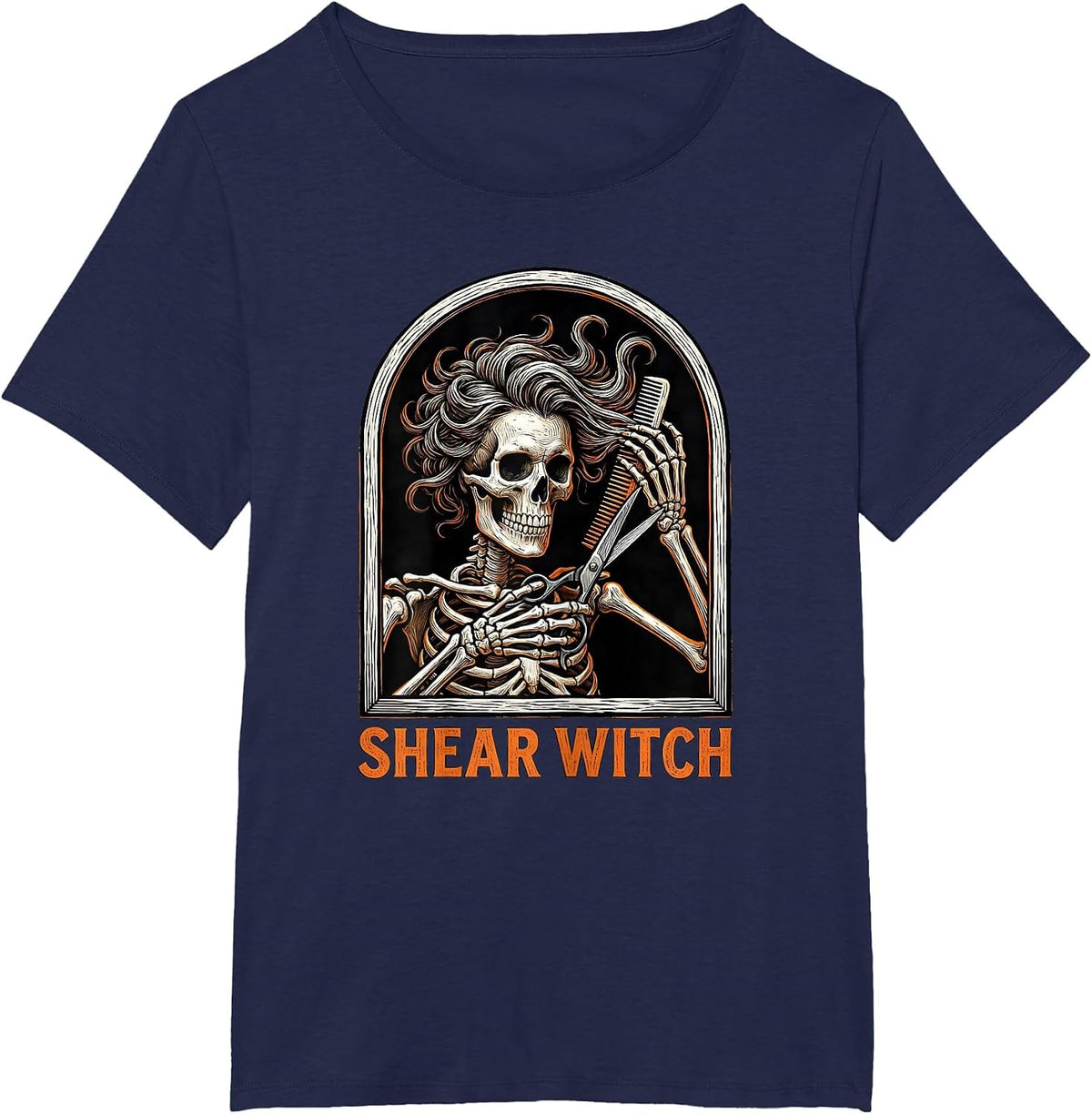 Women's Shear Witch Funny Skeleton Hairdresser Halloween Barber T-Shirt - Navy Blue