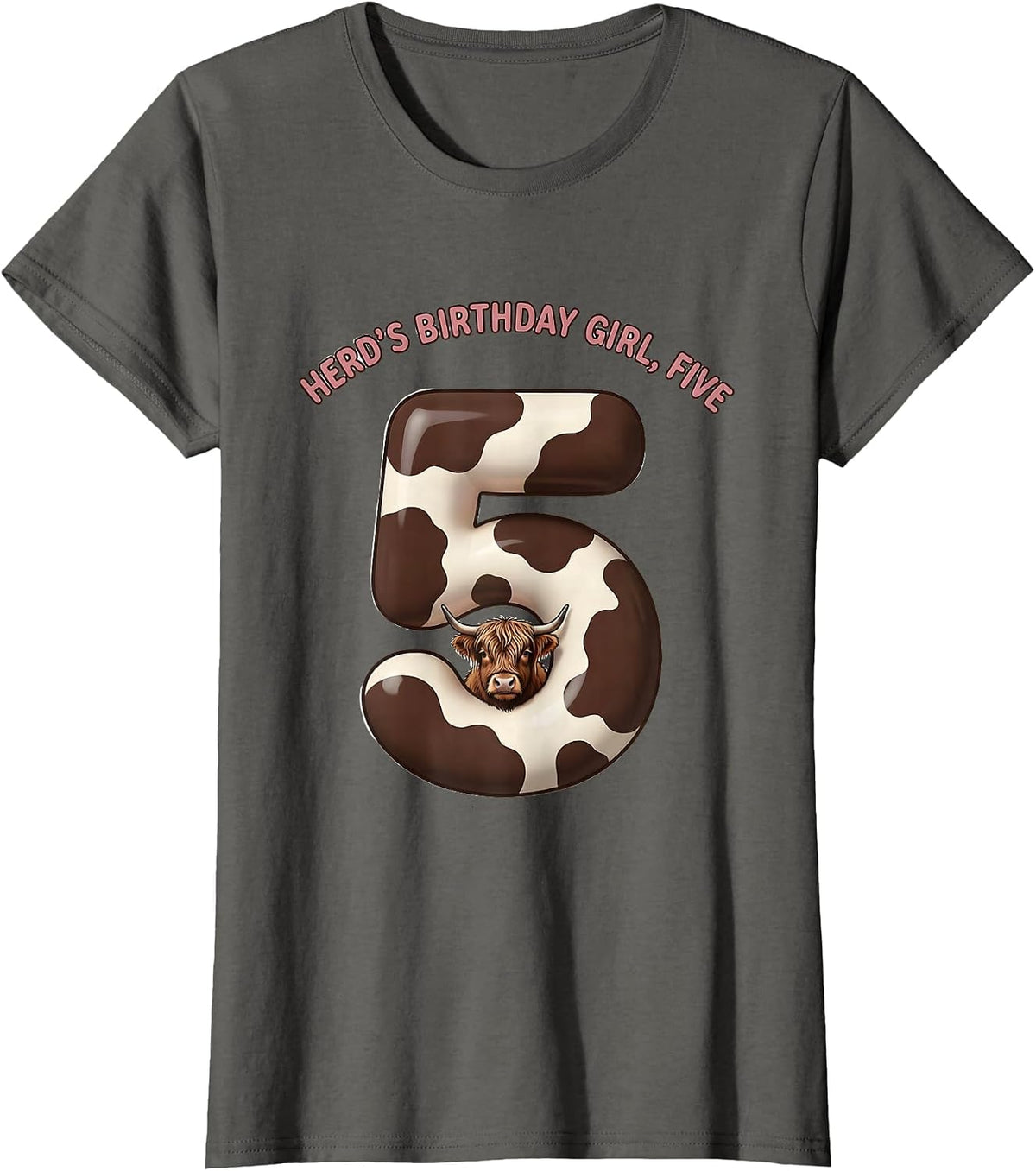 Women's Herd's Birthday Girl Five Cute Highland Cow Farm Mom T-Shirt - Asphalt Grey