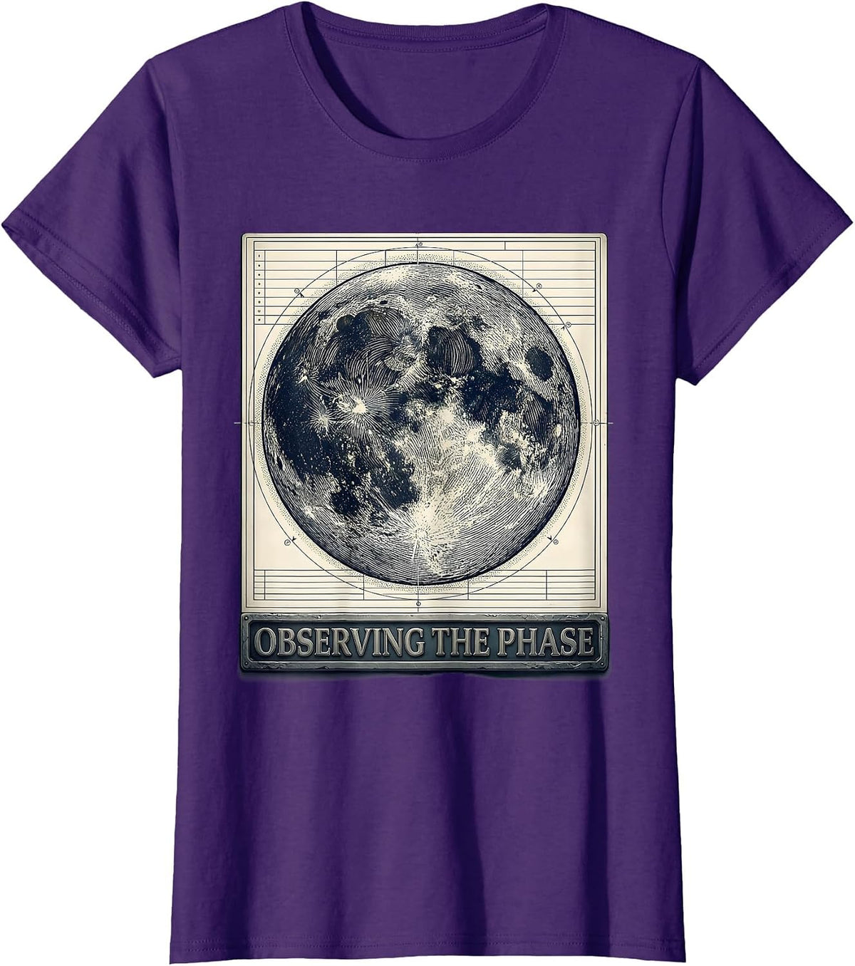 Women's Observing The Phase Crosshatch Etching Moon Phase Astronomy T-Shirt - Purple