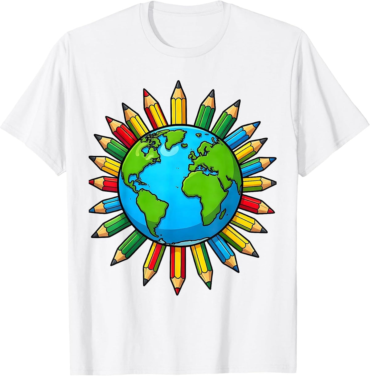Men's 4th Grade Teacher Globe Colorful Pencils Design T-Shirt - White