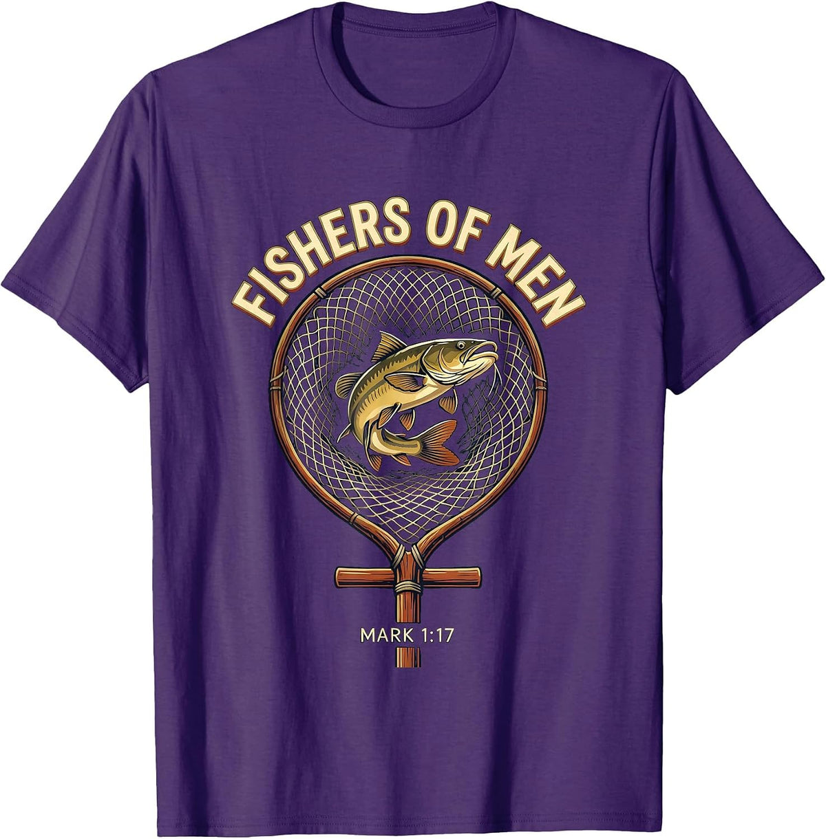 Men's Fishers Of Men Mark 1:17 Christian Fishing Humor Emblem T-Shirt - Purple