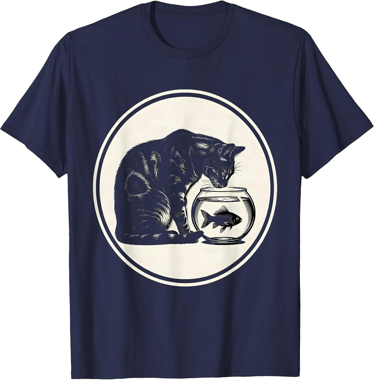 Bengal Cat Staring Into Fish Bowl Lover Gift T-Shirt - Navy Blue